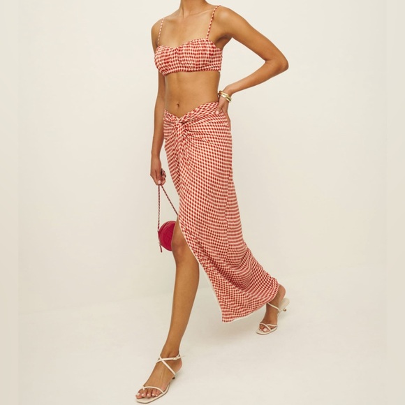 NWT Reformation Alana Tomato red Check two piece skirt set sz 6 - Picture 2 of 13